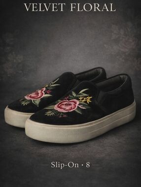 Black Velvet Floral Embroidered Slip On Sneakers Platform Women’s 8